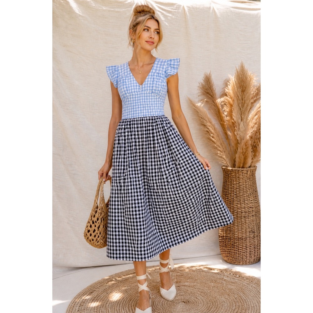 Tach Clothing Gingham Mixed Midi Dress Blue Black Checkered Flutter Sleeve XS